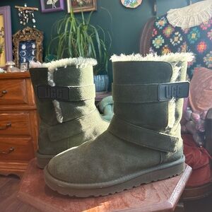 UGG Olive Shearling Boots with adjustable Velcro straps